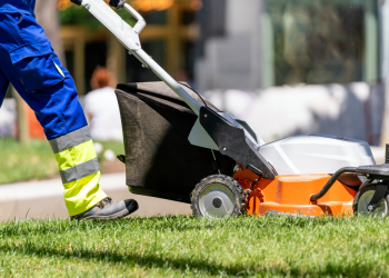 DIY Lawn Care vs. Professional Lawn Services: Pros and Cons Banner Image - Garden worker mowing the lawn