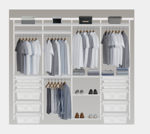 A 3D render of a closet, including clothing