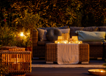 Highlighting Your Garden_ Creating a Magical Nighttime Oasis Banner Image - Trendy furniture, lights, lanterns and candles in the garden at night
