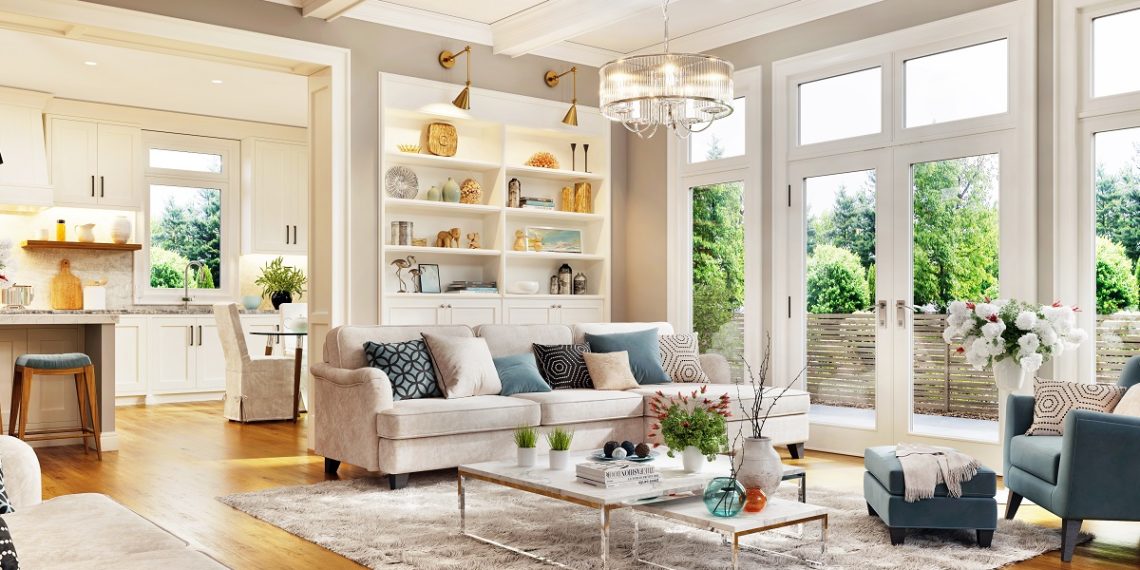 Luxury living room interior design with large window and kitchen