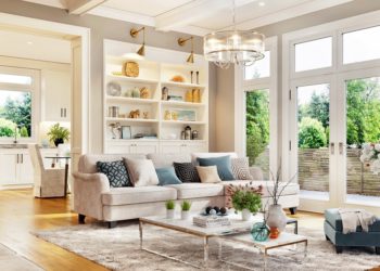 Luxury living room interior design with large window and kitchen