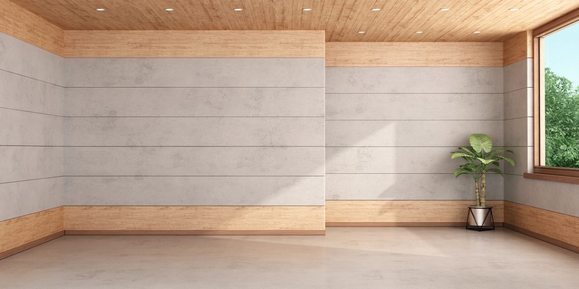 Empty large room with concrete and wooden paneling - 3d rendering