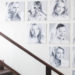 black and white family photos by stairs