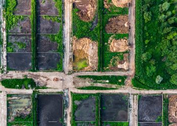 Silt pits next to the city's wastewater treatment plant, viewed from a high altitude