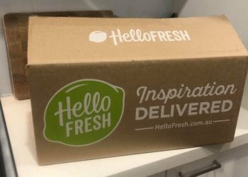 hello fresh box on kitchen bench