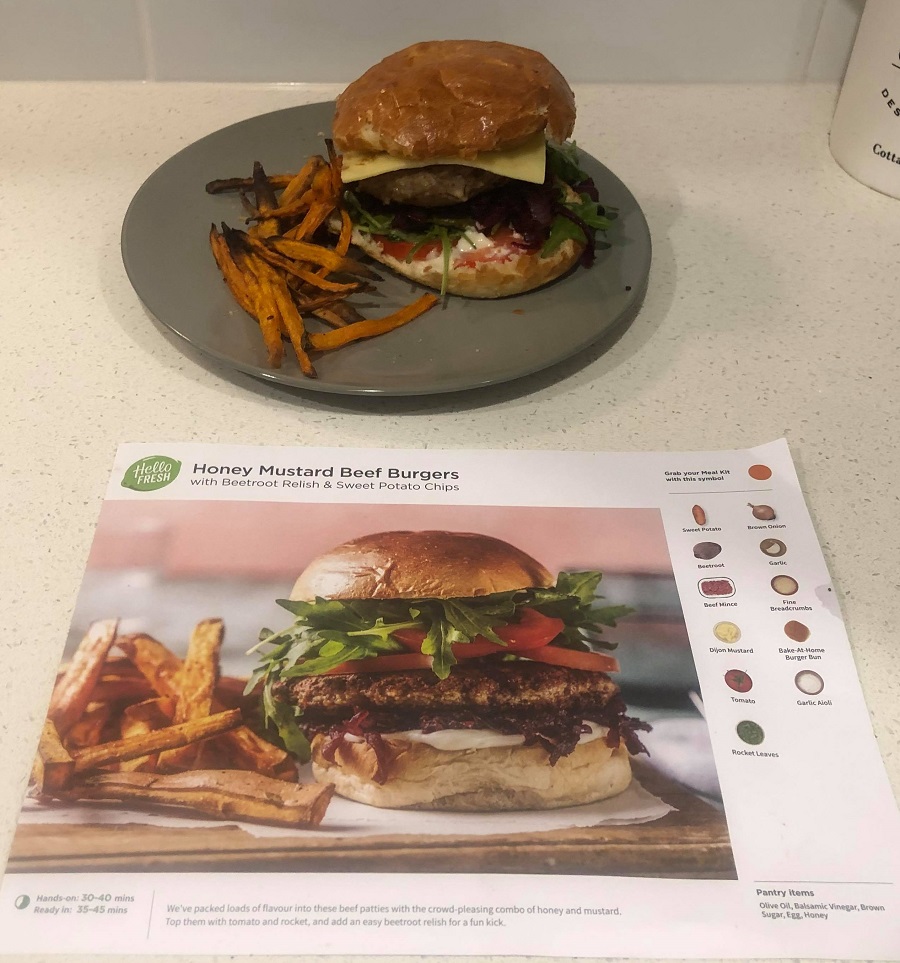 Honey Mustard Beef Burgers with Beetroot Relish & Sweet Potato Chips