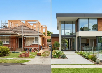 A side-by-side split-screen comparison of two Australian housing options. The left side shows an original red brick suburban house undergoing a major renovation with extensive scaffolding and new timber framing being added to the roof. The right side shows a completed, high-end modern home featuring minimalist white and wood-panelled architecture, floor-to-ceiling glass windows, and a luxury swimming pool.