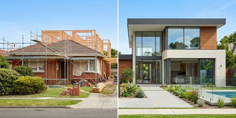 A side-by-side split-screen comparison of two Australian housing options. The left side shows an original red brick suburban house undergoing a major renovation with extensive scaffolding and new timber framing being added to the roof. The right side shows a completed, high-end modern home featuring minimalist white and wood-panelled architecture, floor-to-ceiling glass windows, and a luxury swimming pool.