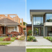 A side-by-side split-screen comparison of two Australian housing options. The left side shows an original red brick suburban house undergoing a major renovation with extensive scaffolding and new timber framing being added to the roof. The right side shows a completed, high-end modern home featuring minimalist white and wood-panelled architecture, floor-to-ceiling glass windows, and a luxury swimming pool.