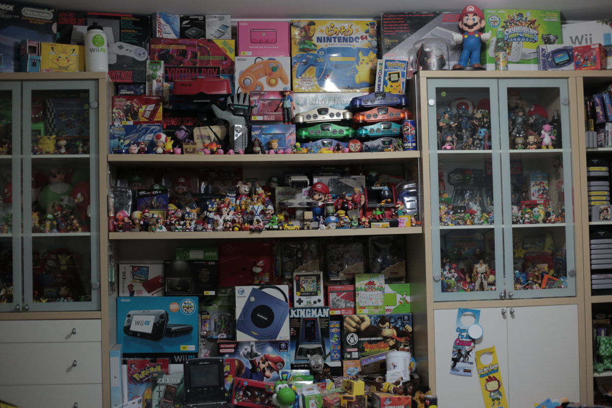 a wall of video game memorabilia