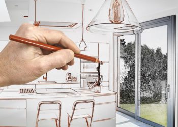 Drawing renovation of a Open modern kitchen from loft with view on a lush garden