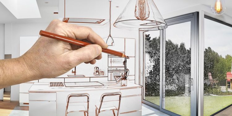 Drawing renovation of a Open modern kitchen from loft with view on a lush garden