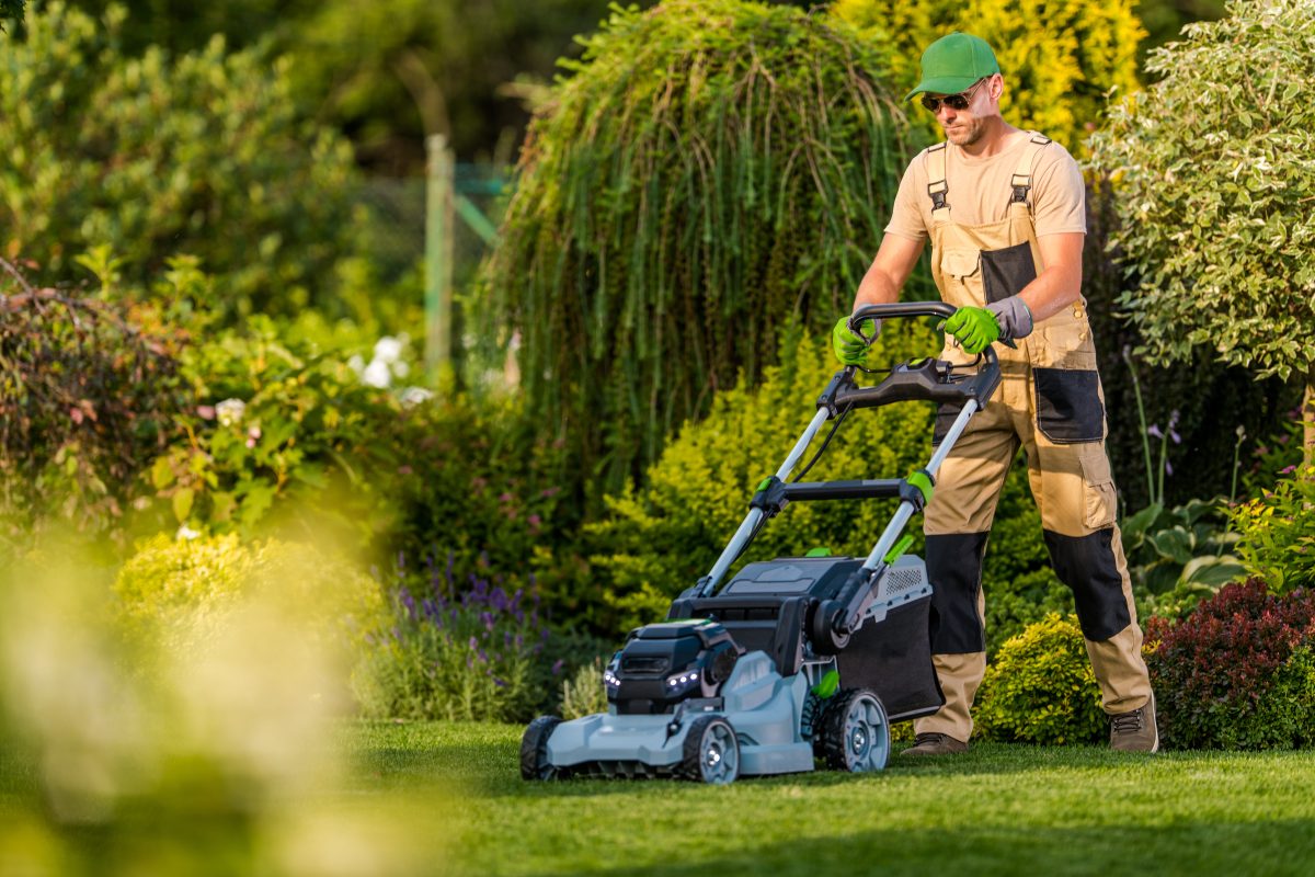 Garden Maintenance Professional Services. Caucasian Gardener Taking Care of the Grass Using Riding Lawn Mower During Summer Season.
