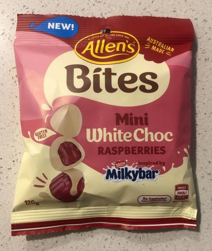 new allens bites mini white choc raspberries inspired by nestle milkybar