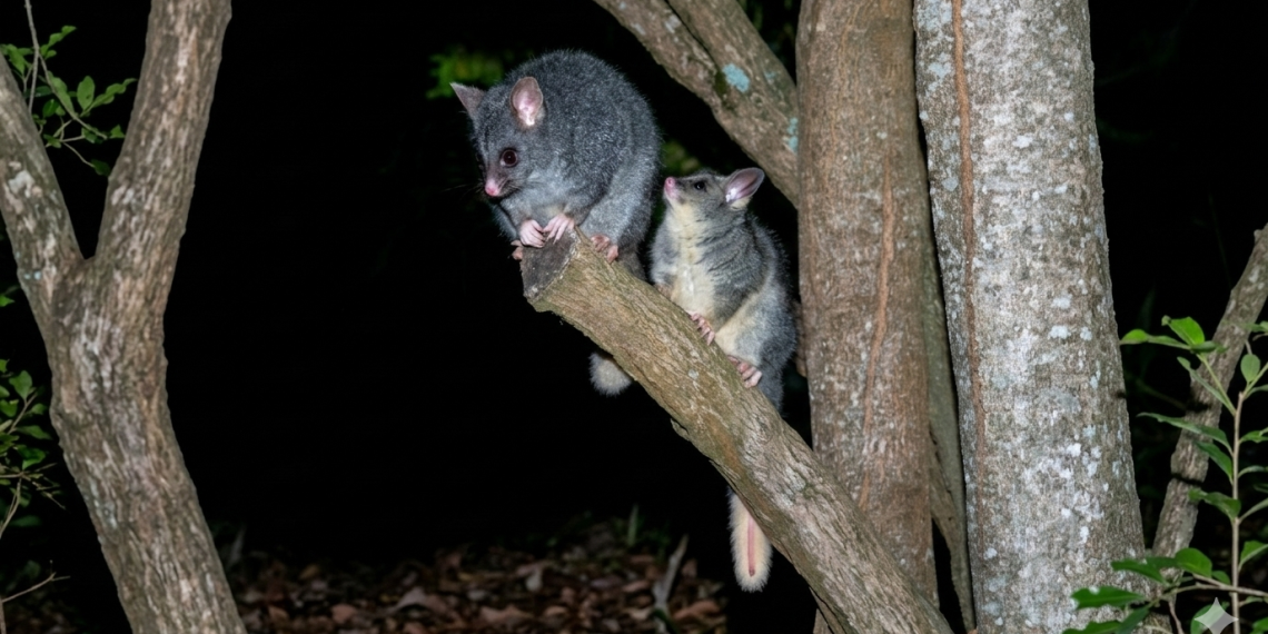 Two grey brushtail possums perched on a tree branch at night. One possum is looking down while the other looks upward, with a dark night forest background.