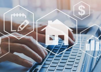 real estate concept, property value diagram, hands typing on com
