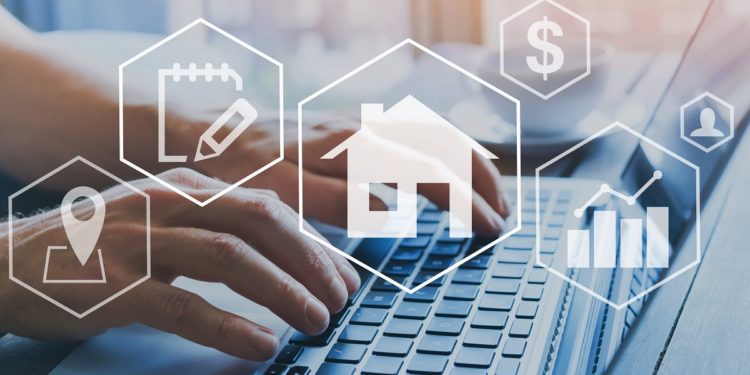 real estate concept, property value diagram, hands typing on com