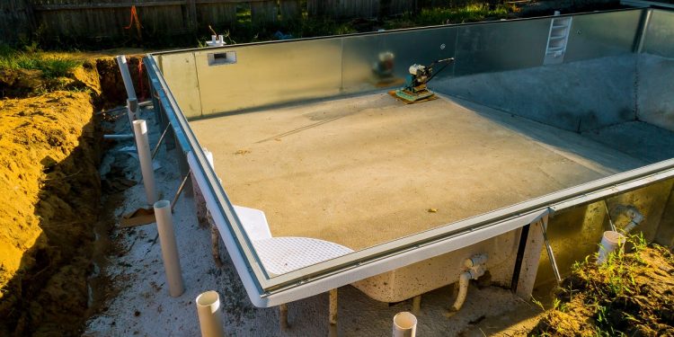 Swimming pool under construction works for the installation of a swimming pool.