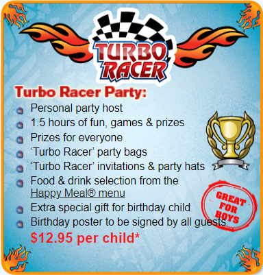 turbo racer mcdonalds birthday party package
