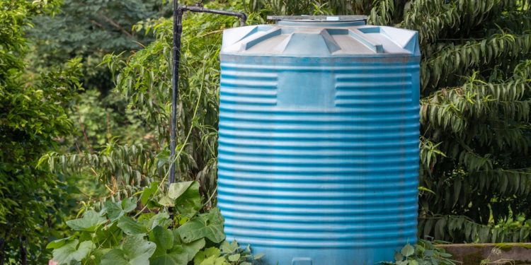 Blue Water Tank covered with trees and Plants.