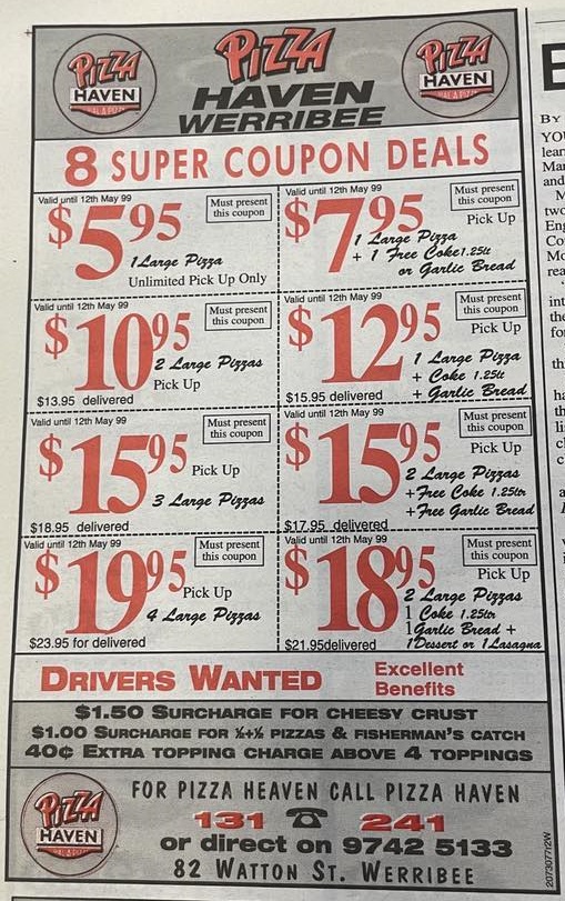 werribee pizza haven coupons 1999