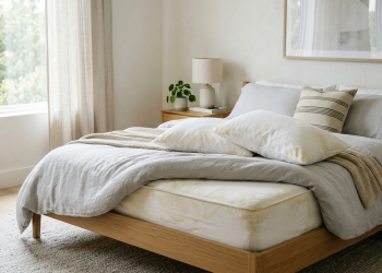Close-up of a wooden bed frame with grey linens and white pillows. Large yellow stains are visible on the mattress surface and pillowcases.