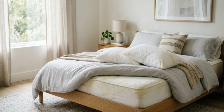 Close-up of a wooden bed frame with grey linens and white pillows. Large yellow stains are visible on the mattress surface and pillowcases.